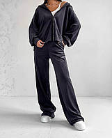 Жіночий велюровий спортивний костюм худі на блискавці штани палаццо м'який прогулянковий плюшевий велюр преміум