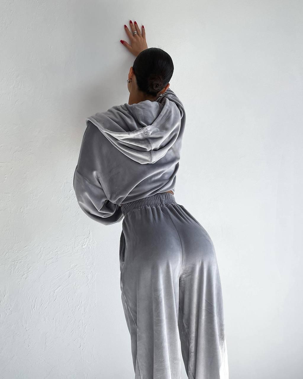 Женский велюровый спортивный костюм худи на молнии штаны палаццо мягкий прогулочный плюшевый велюр премиум - фото 10 - id-p2114226113