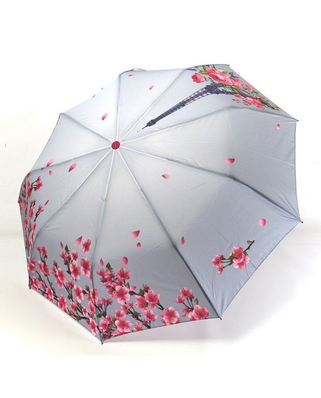 Парасолька напівавтомат жіноча Toprain 625 на 9 спиць з Ейфелевою вежею Сіро-малиновий, фото 1