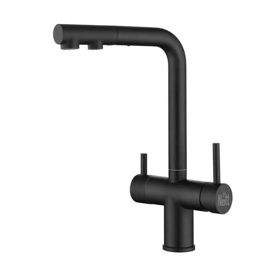 Змішувач на кухню чорний, з виносним носиком і подаванням очищеної води, фото 1