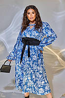 Модное женское платье миди синие с черным широким поясом ВЛ/-1539