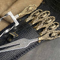 Набор шампуров "Кабан", двойной шампур и вилка, рукоять литье из бронзы в закрытом колчане из кожи