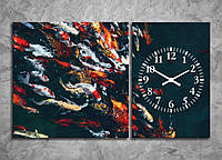 Картина часы настенные красивые японские карпы кои на темном фоне современный дизайн 100х60 из 2-х частей