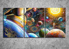 Картина модульна на полотні Сонячна система Планета Сатурн Меркурій Космос Земля габарит 120*60 з 3 частин