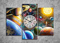 Настенные часы на холсте Солнечная система, Планета Сатурн Меркурий Космос Земля габарит 90*70 из 3 частей