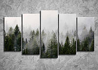 Картина на полотні природа декор на стіну Туманний ліс Карпати краєвид Ялинки в тумані габарит 125*70 з 5 частин