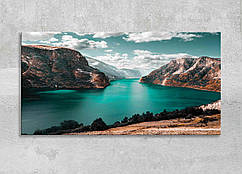 Картина Красивий Скандинавський Краєвид Гори з Озером Синє Небо Яскравий декор на стіну Настінне Мистецтво