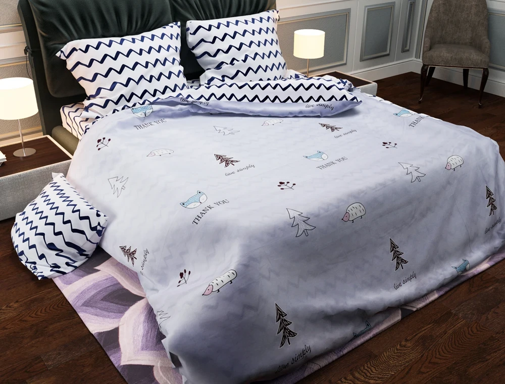 Комбінований Євро максі комплект постільної білизни сірий з геометричним візерунком зигзаги і ялинки 200*220 Бязь Gold Черешенька