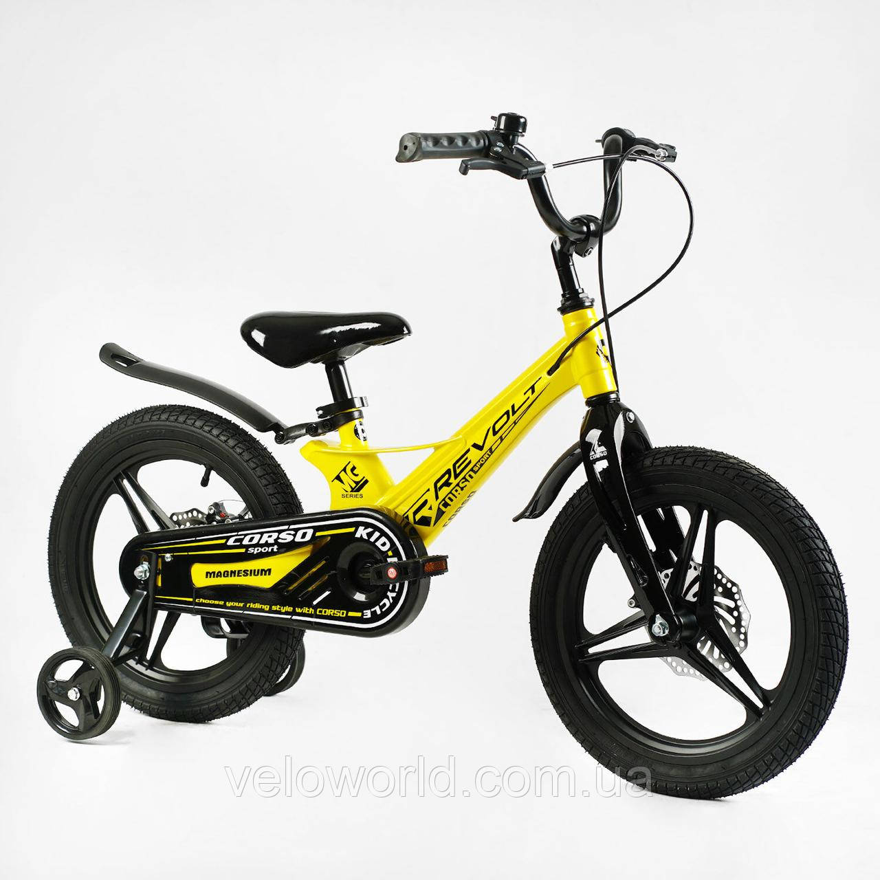 Дитячий двоколісний магнієвий велосипед Corso Revolt 16" дискові гальма, литі диски, зібраний на 75%