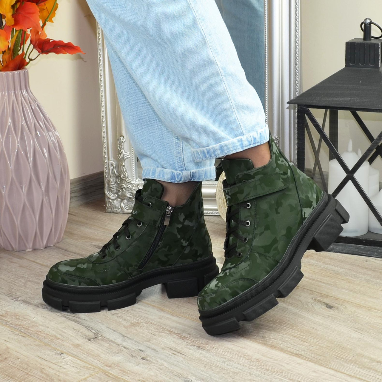 Черевики жіночі шкіряні на потовщеній підошві, колір зелений захисний, фото 1