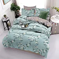 Двуспальный бежево-голубой комплект постельного белья с мелкими цветами 180*220 из Бязи Gold Черешенка
