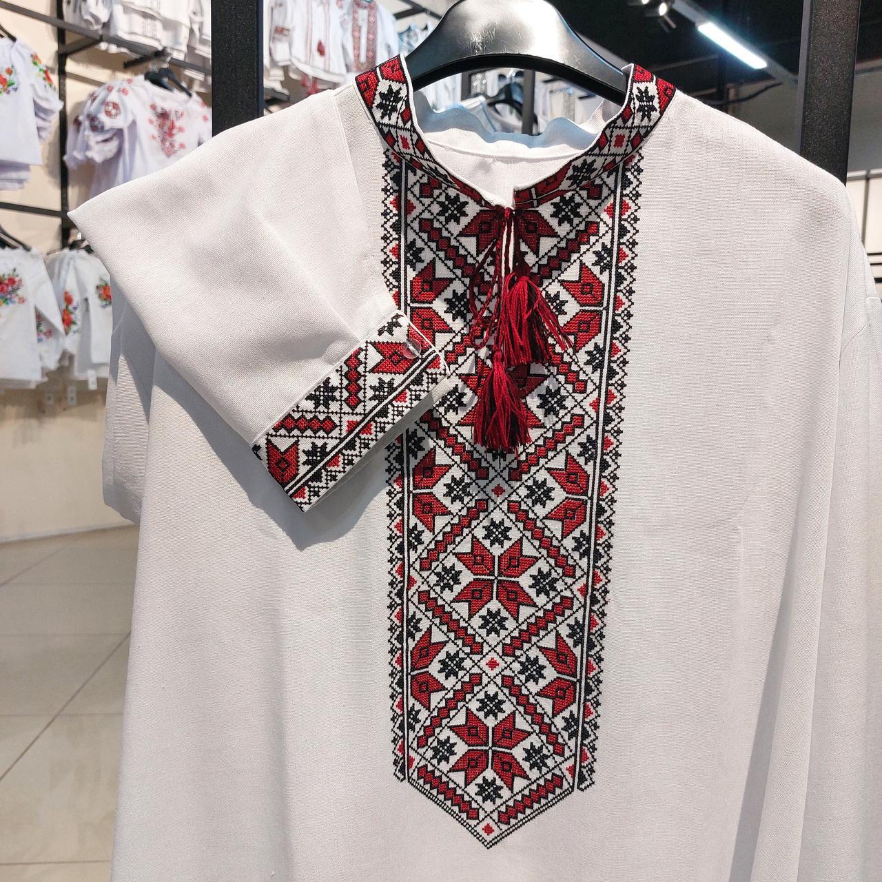 Традиційна Льняна Класичні українські чоловічі вишиванки біла з червоною вишивкою довгий рукав