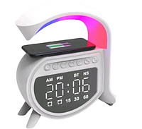 Аккумуляторный нічник з бездротовою зарядкою годинником і будильником Bluetooth колонка та RGB світильник