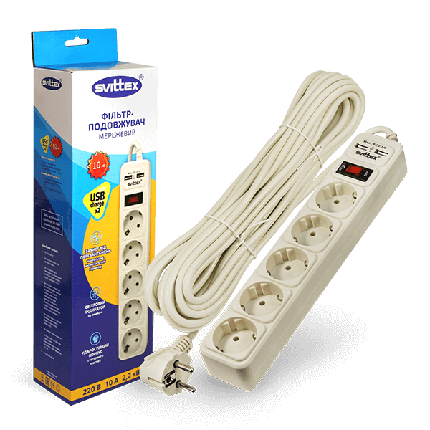 Мережевий фільтр подовжувач Svittex SV-026 5гнезд 10м 2хUSB 5V 2.1A, фото 1