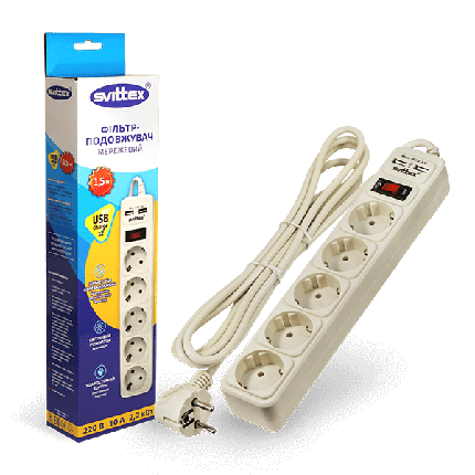Мережевий фільтр подовжувач Svittex SV-022 5 гнезд 1,5 м 2хUSB 5V 2.1A, фото 1