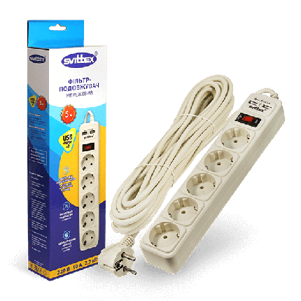 Мережевий фільтр подовжувач Svittex SV-025 5 секунд 5 м 2хUSB 5V 2.1A, фото 1