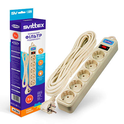 Мережевий фільтр SVITTEX SV-002 5 гнізд 3 м із заземленням і вимикачем, фото 1