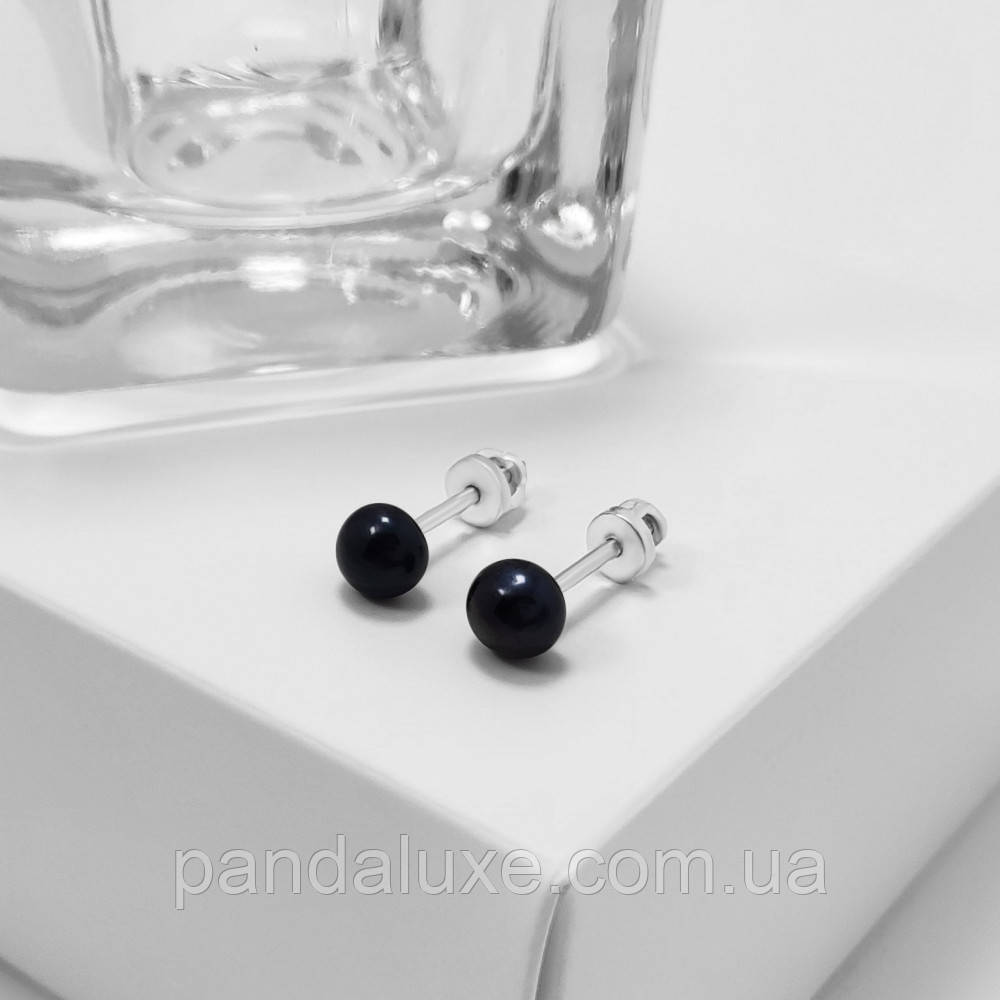 Сережки гвоздики срібні пусети з чорними перлами Океан 5 мм