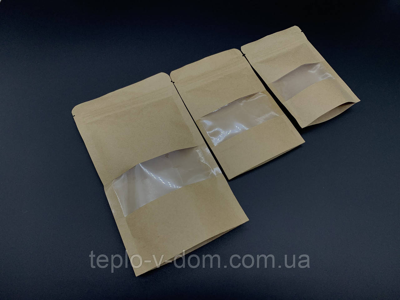 Пакети дой-пак крафтові з прозорим вікном і zip-застібкою. 22х27+3см