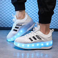 Роликовые светящиеся кроссовки Led на 2 колесах в стиле Heelys, детские и подростковые, белые (RKL-03)