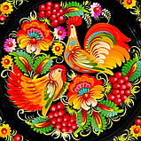 Тарілка декоративна Петриківський розпис ручної роботи з дерева 30 см ПІВНИК і КУРОЧКА Український сувенір, фото 6