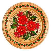 Тарілка декоративна Петриківський розпис ручної роботи з дерева 15 см ЧЕРВОНІ КВІТИ  Український сувенір