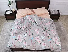 Двоколірна полуторна постільна білизна з квітковим принтом 150*220 з Бязі Gold комбінований сірий з бежевим, Черешенька, фото 3