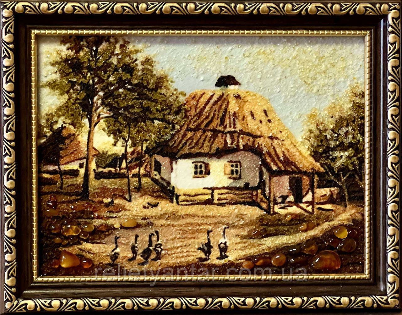 Картина з бурштина Українське село 15*20 см, картина на подарунок