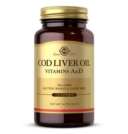 Жир із печінки тріски Solgar COD Liver Oil Vitamins A & D 250 капс, фото 3