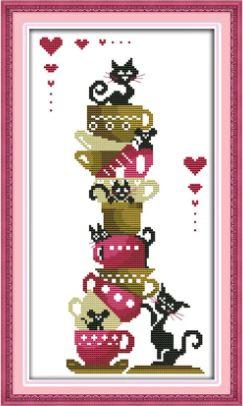 Набір для вишивання за нанесеною на канву схемою "Black cats on the cups". AIDA 14CT printed 21*38 см