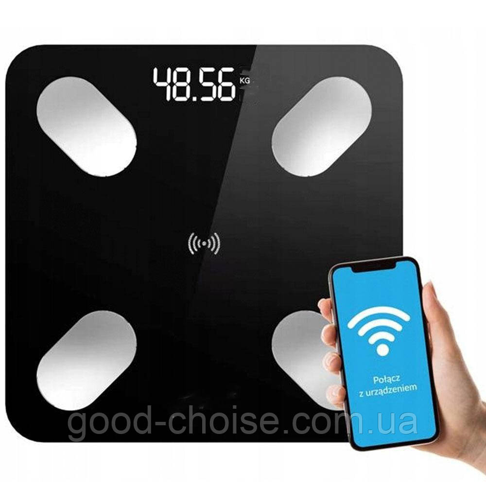 Розумні електронні ваги підлогові 180 кг, 26x26 см, Чорні / Смарт ваги Bluetooth з додатком на телефон