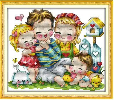 Набір для вишивання за нанесеною на канву схемою "A happy family". AIDA 14CT printed 27*22 см