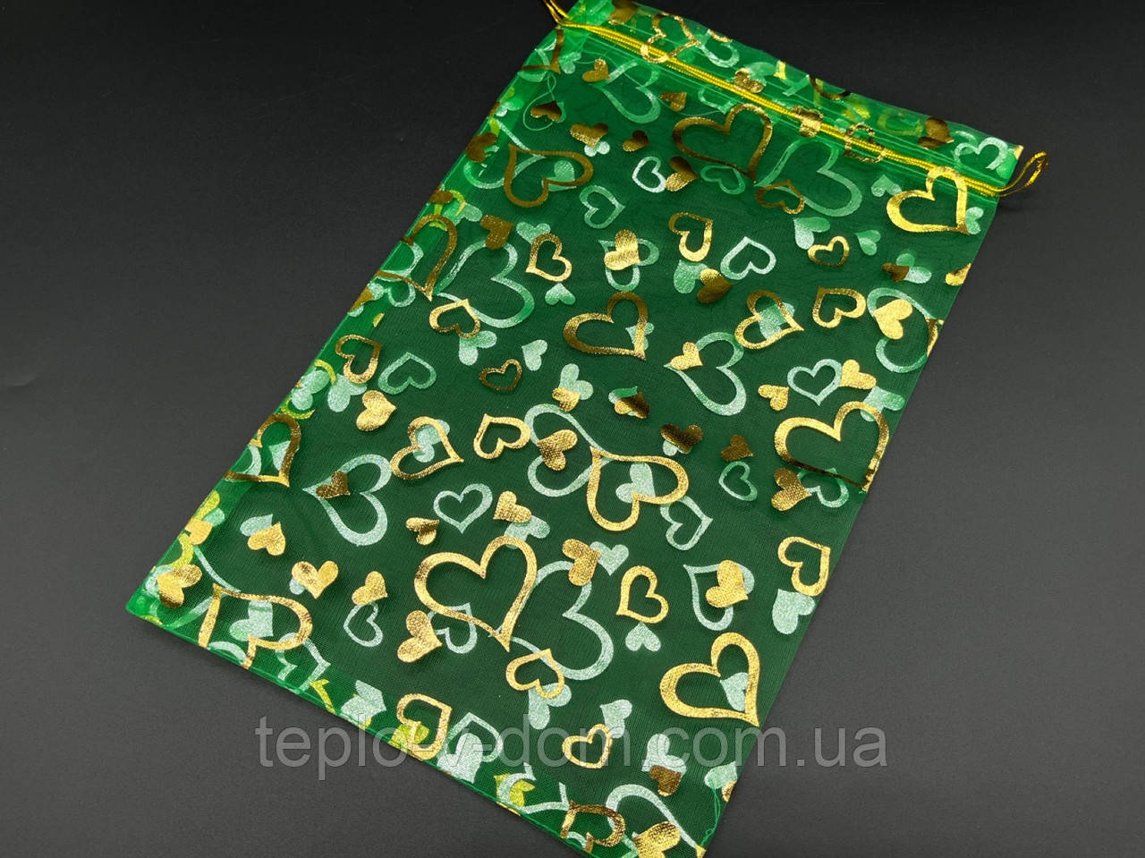 Мішечки для прикрас і подарунків з органзи на зав'язках Колір зелений. 20х30см