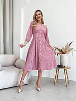 Женское легкое весенее платье цвет розовый на длинный рукав длины миди из качественной супер софтовой ткани