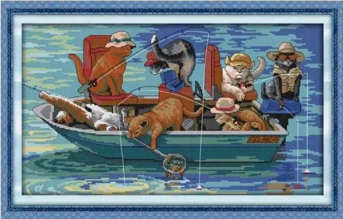 Набір для вишивання за нанесеною на канву схемою "The fishing cats". AIDA 14CT printed, 49*30 см