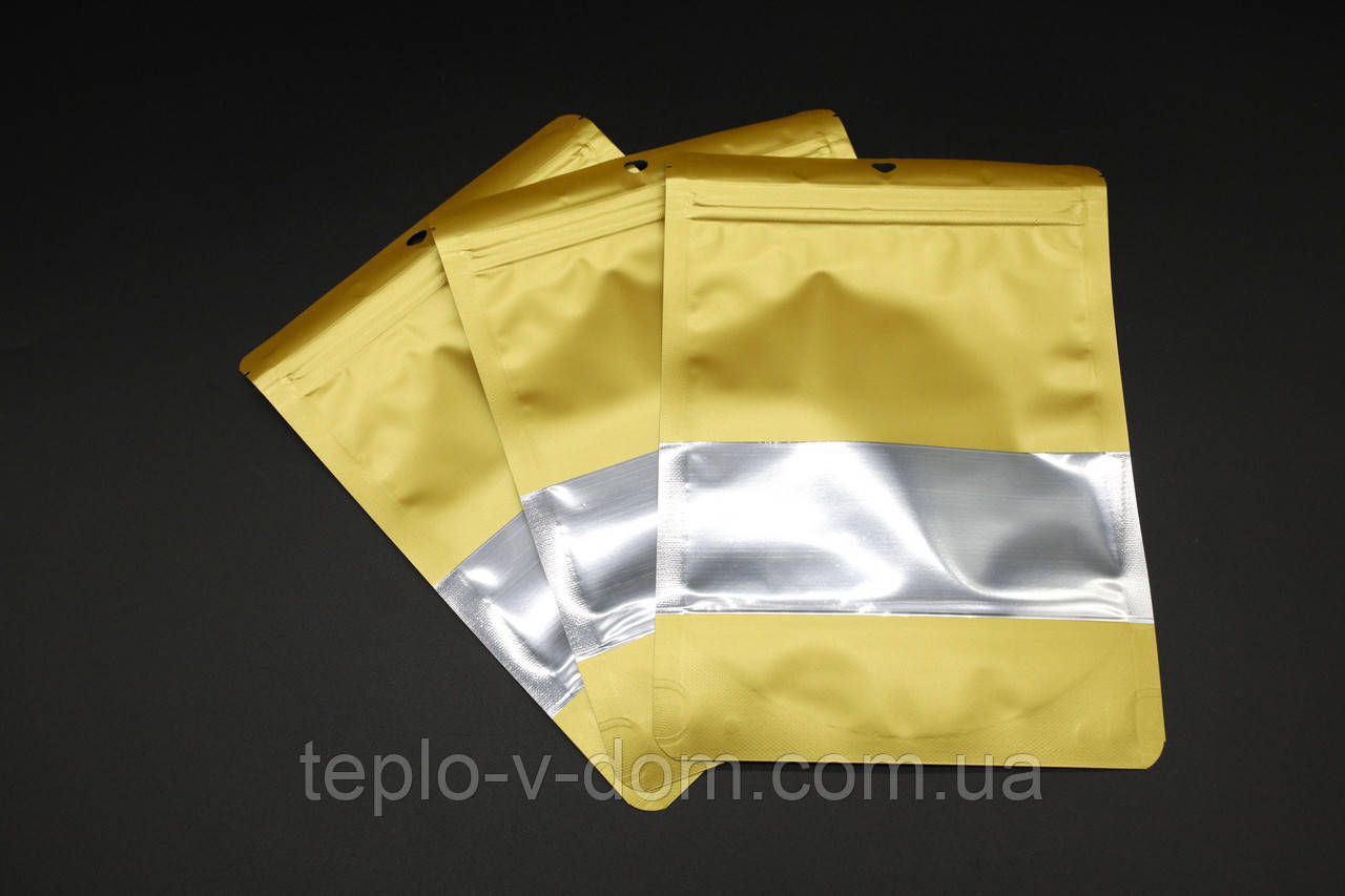 Пакети дой-пак з прозорим вікном і zip-застібкою. 14х16+4см Колір "Золото"