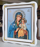 Ікона П.Б. Нев'янучий Цвіт в білому дерев'яному фігурному кіоті під склом, розмір кіота 30*26,сюжет 20*24, фото 2