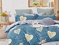 Двухцветный евро макси комплект постельного белья для пары с принтом Сердца 200*220 серо-голубой хлопковый из Бязи Gold,Черешенка
