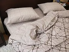Полуторний комплект бежевого постільної білизни комбінований 150*220 з Бязі Gold бавовняний з геометричним принтом Черешенька ТМ, фото 4