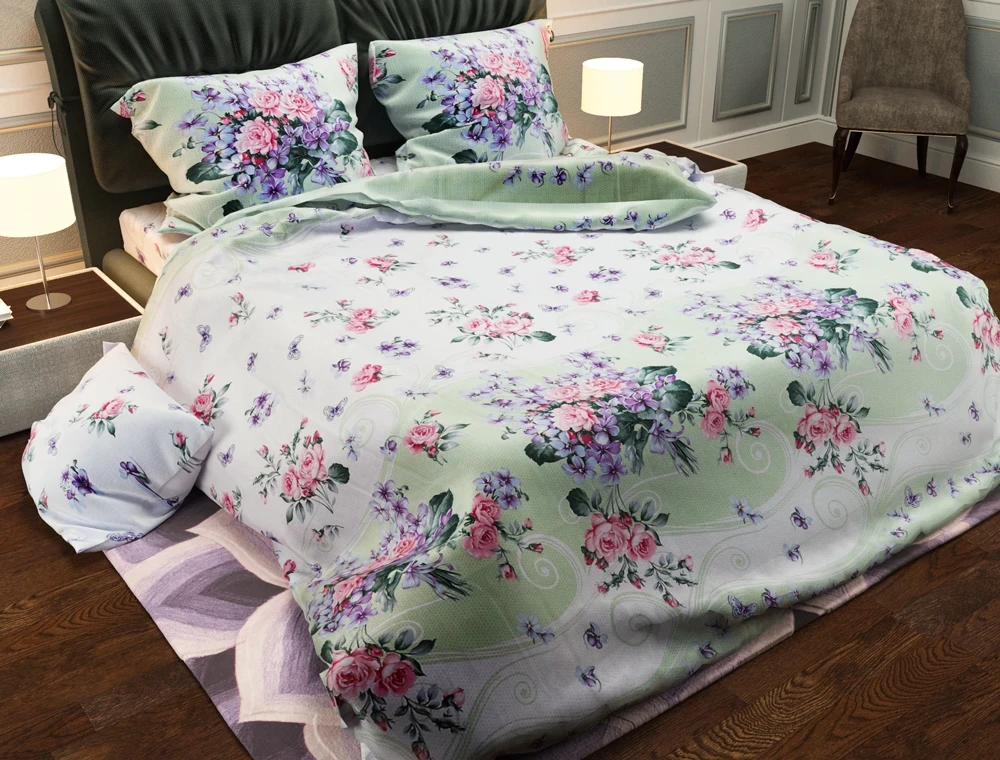 Світло зелене сімейне бавовняне постільне білизна з принтом квіти букетів із набивної бязі Gold, Черешенька