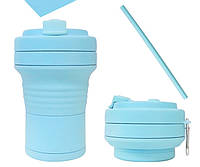 Складная кружка 550 мл, eco cup с карабином и трубочкой, голубая