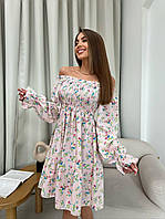 Цветочное платье с верхом резинкой и расклешенной юбкой с воланом (р. 42-52) 2035562