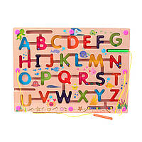 Игрушка-лабиринт "Буквы" на деревянной доске с магнитными шариками и магнитными палочками, 40х30х1,5cm