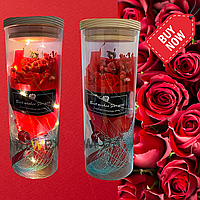 Декоративная вечная роза в колбе с подсветкой, подарок цветок ночник, роза в стеклянной трубке со светодиодной