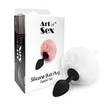Силіконова анальна пробка з білим хвостом Art of Sex - Silicone Bunny Tails Butt plug White, діаметр 35 мм, фото 3