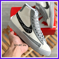 Кроссовки женские Nike Blazer Mid white gray / Найк Блейзер мид белые серые высокие