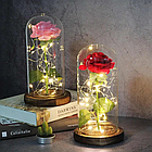 Троянда в колбі 20см з LED підсвічуванням, Рожева / Квітка-нічник вічна троянда / Троянда в колбі на дерев'яній підставці, фото 2