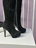 Чоботи жіночі на високих підборах замшеві демісезонні чорні високі, фото 2