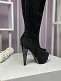 Чоботи жіночі на високих підборах замшеві демісезонні чорні високі, фото 6