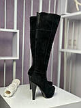 Чоботи жіночі на високих підборах замшеві демісезонні чорні високі, фото 5
